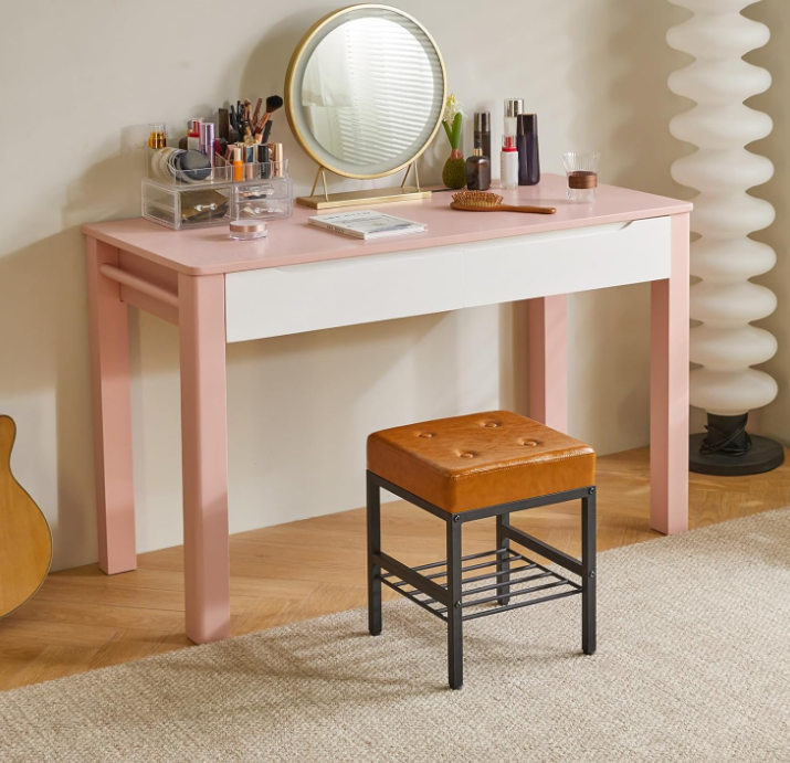 Square Makeup Stool with Adjustable Feet and Storage Space, Footrest Stool, PU Seat Vanity Stool, Multi Use as Small Side Table or Ottoman, for Bedroom, Light Brown