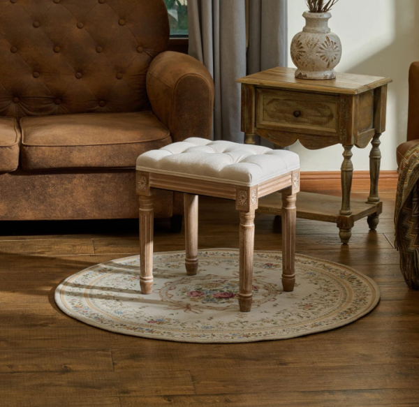 Ottoman Stool, 18 5 in High, Beige, with Padded Seat, Wood Frame, Button Tufted, for Dining, Living Room, Bedroom, Piano, Dressing, Vanity, Foot Rest