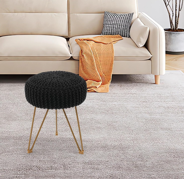 Round Boho Vanity Stool – Hand Knitted Pouf Ottoman Foot Rest with Gold Metal Legs, Modern Makeup Seat for Bedroom & Living Room Decor(Black)