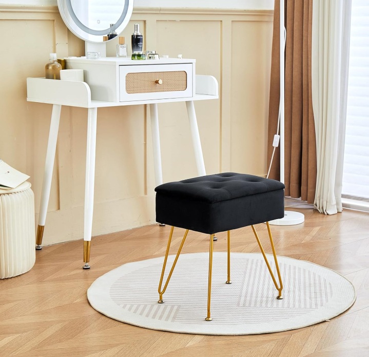 Vanity Stool Chair with Storage, Square Velvet Makeup Vanity Chair with Metal Legs & Adjustable Gold Feet, Flip Top Ottoman Foot Rest with Soft Padded Seat for Bedroom Living Room